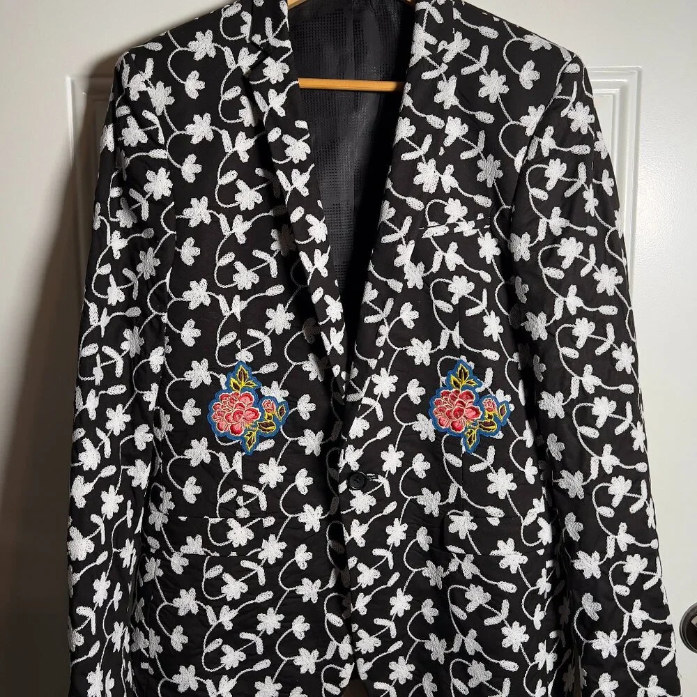 ASOS Brocade with Floral and Bird Embroidery Double Breasted Jacket Men's 40R